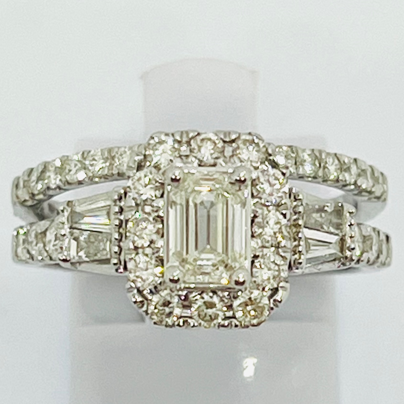 Emerald Cut Solitaire With Single Halo Bridal Set